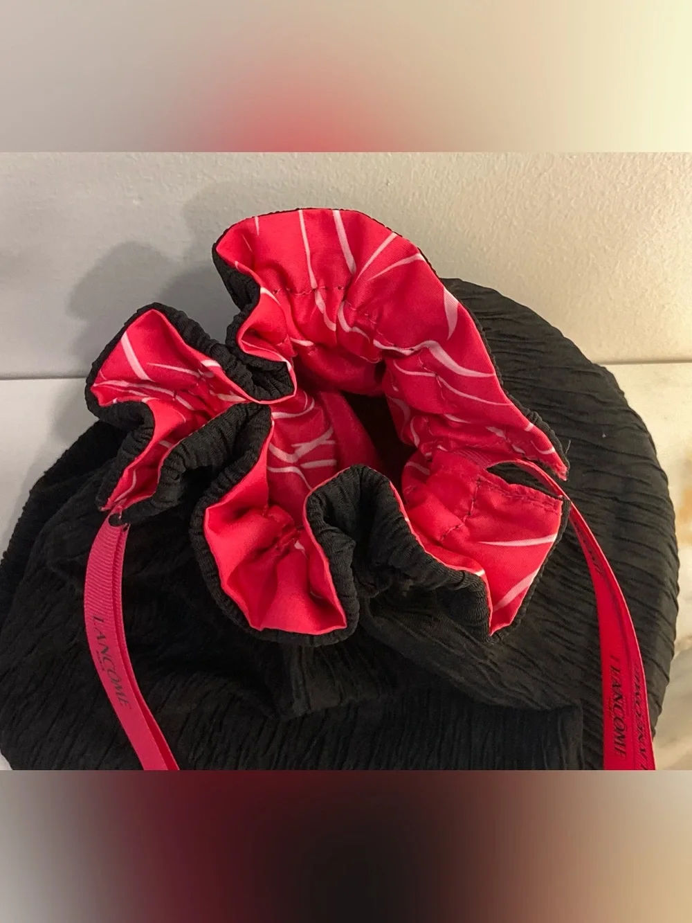 Lancome Black Drawstring Cosmetic Pouch with Pink Ribbon Brand New